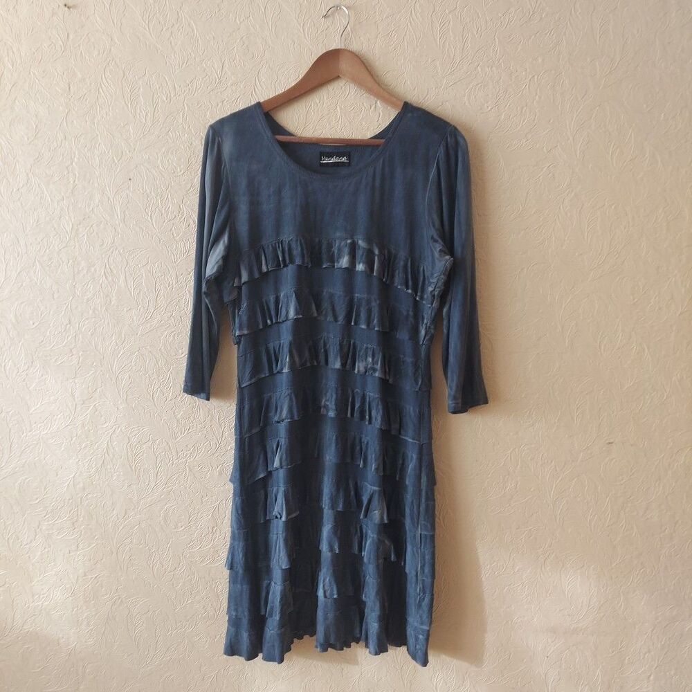 Vendana Blue Tie Dye Shift Dress Ruffles 3/4 Sleeves Sz Medium
